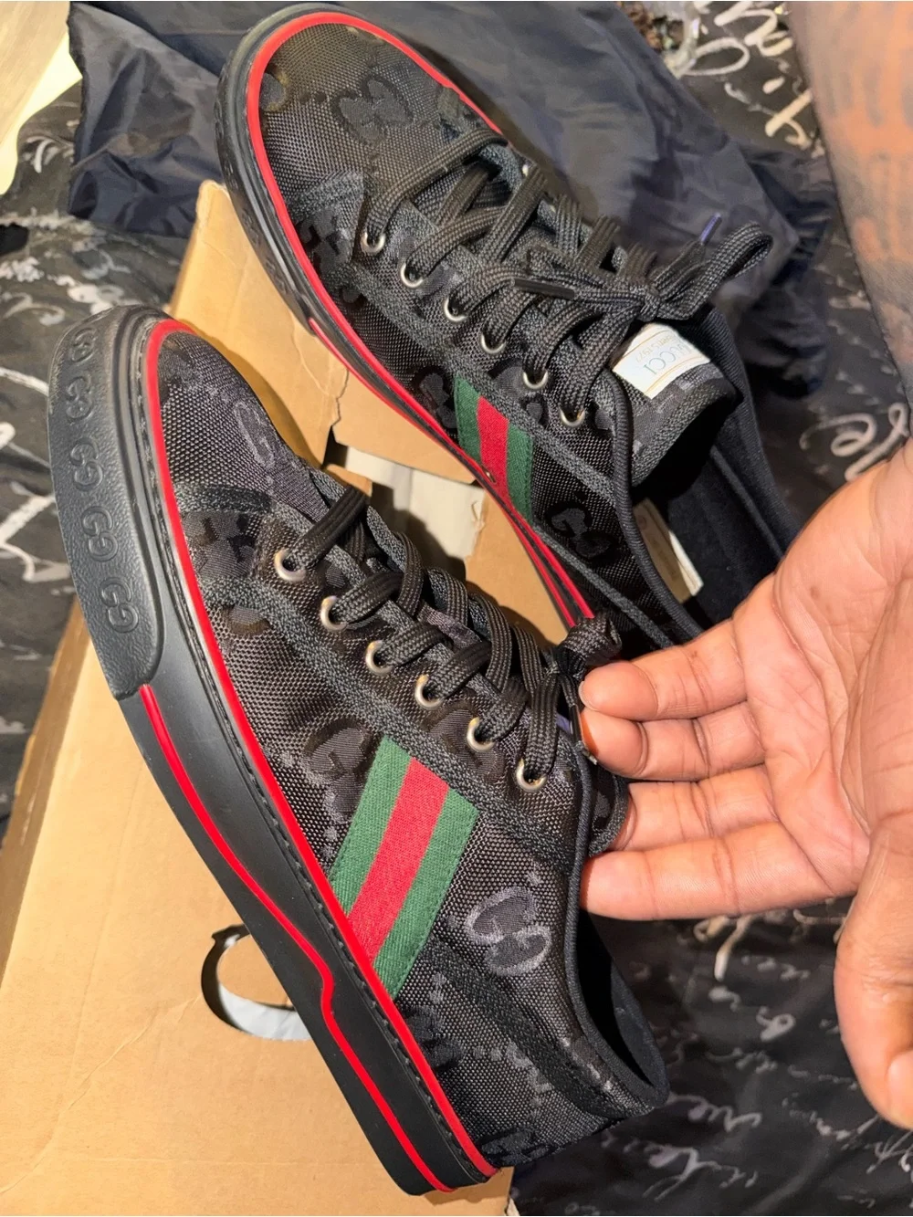 Gucci Black Sneakers with Red and Green Web Stripe